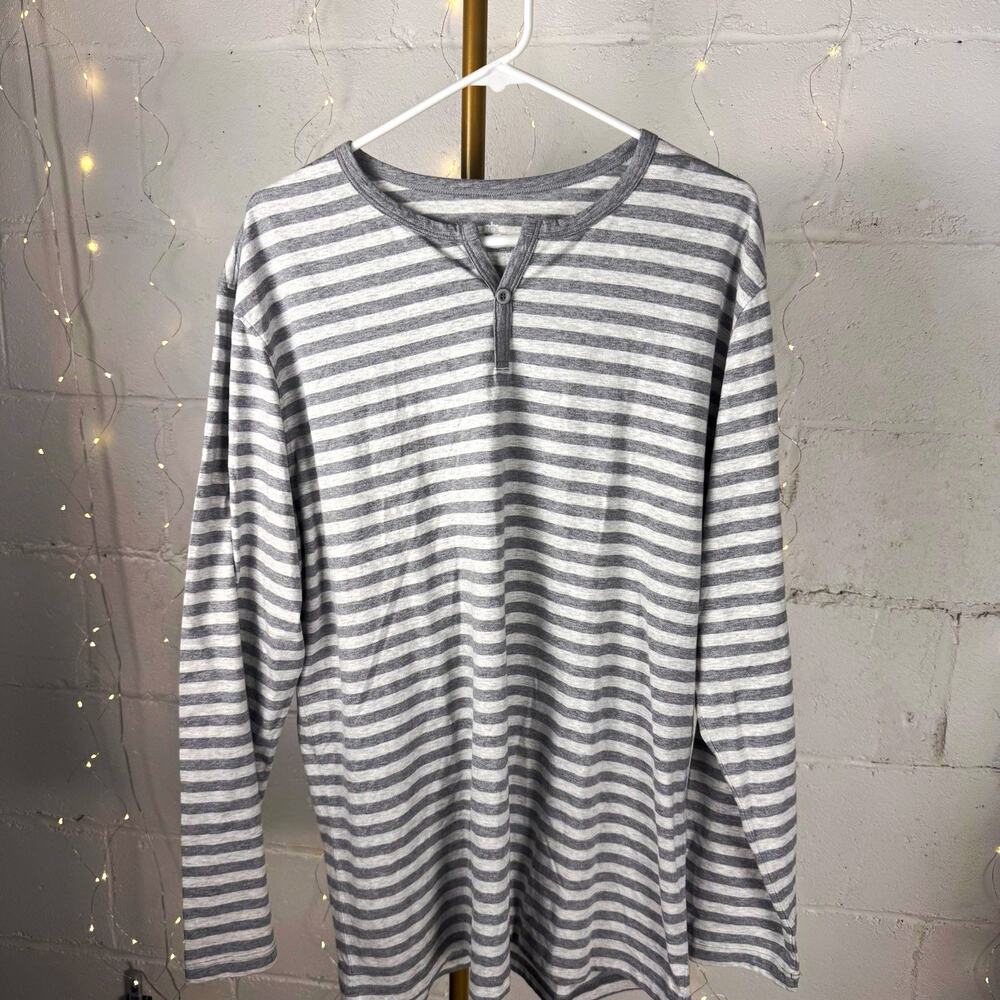 david archie men's L gray white striped long sleeve henley shirt